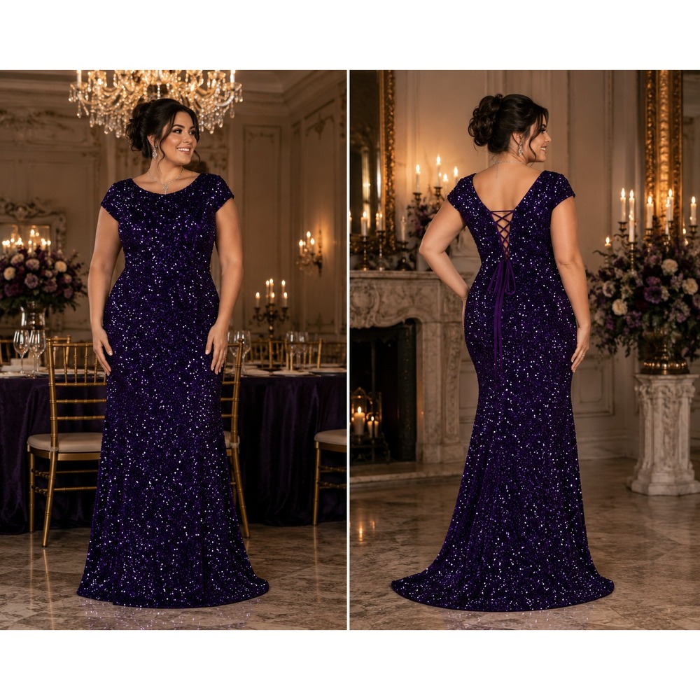 Faereisty Purple Velvet Sequin Prom Dress 2XL Beaded Lace Up Back Gown